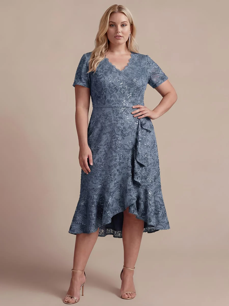 Elegant Ruched Sleeve Sequin Lace V-Neck High-Low Hem Formal Gown - Image 25