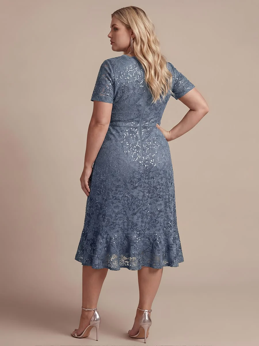 Elegant Ruched Sleeve Sequin Lace V-Neck High-Low Hem Formal Gown - Image 26