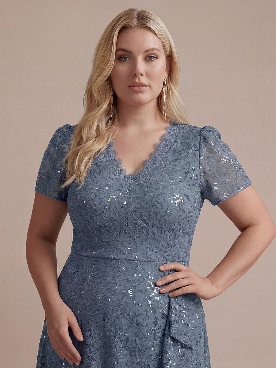 Elegant Ruched Sleeve Sequin Lace V-Neck High-Low Hem Formal Gown - Image 27