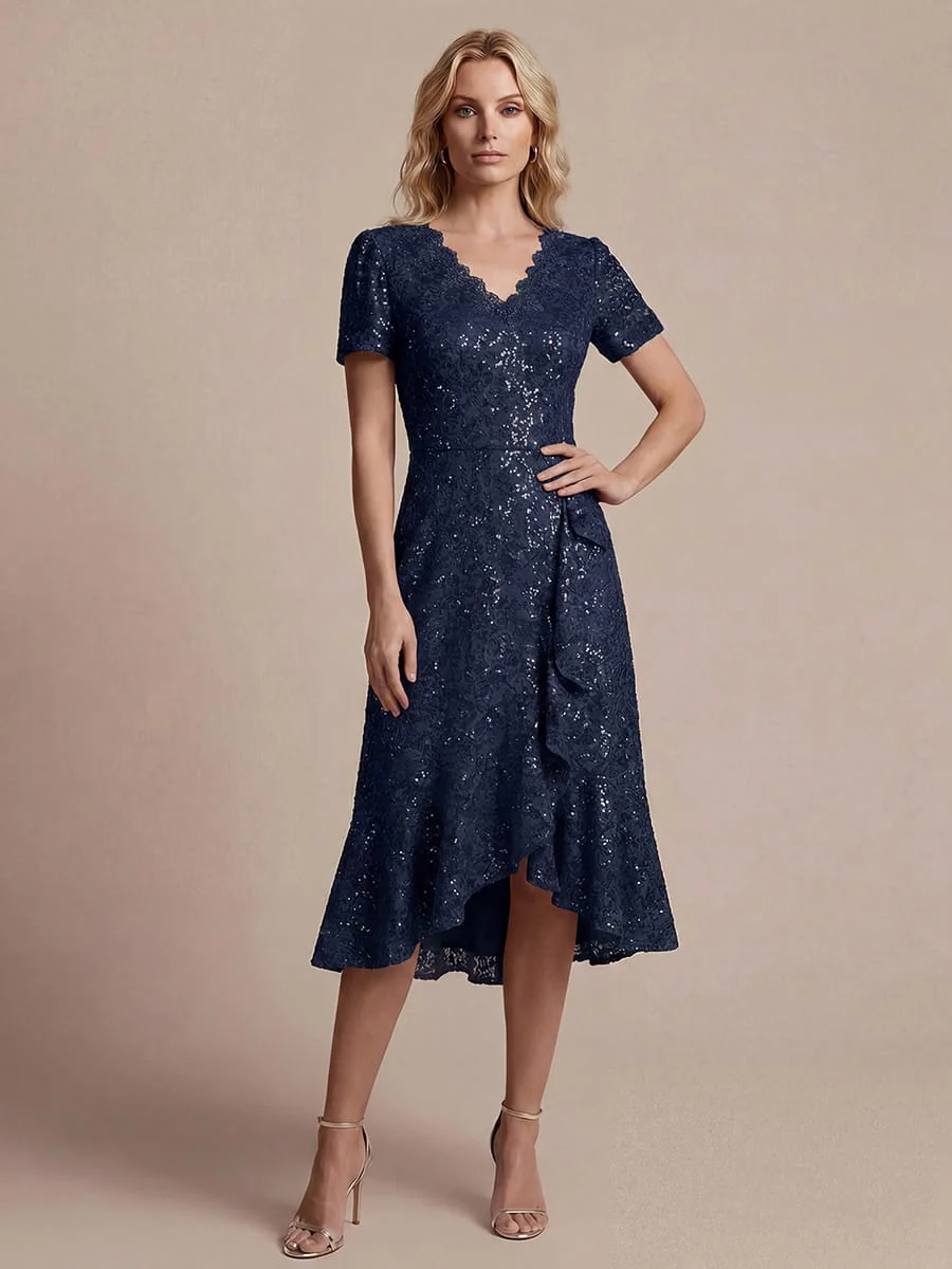 Elegant Ruched Sleeve Sequin Lace V-Neck High-Low Hem Formal Gown - Image 28