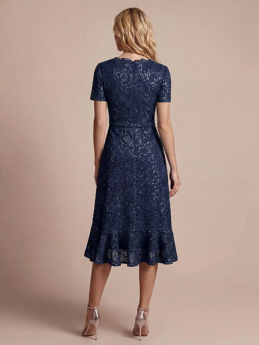 Elegant Ruched Sleeve Sequin Lace V-Neck High-Low Hem Formal Gown - Image 29