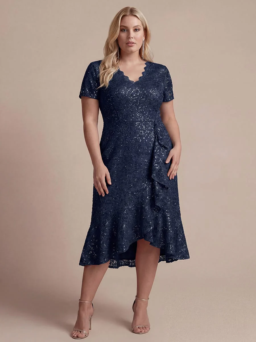 Elegant Ruched Sleeve Sequin Lace V-Neck High-Low Hem Formal Gown - Image 31