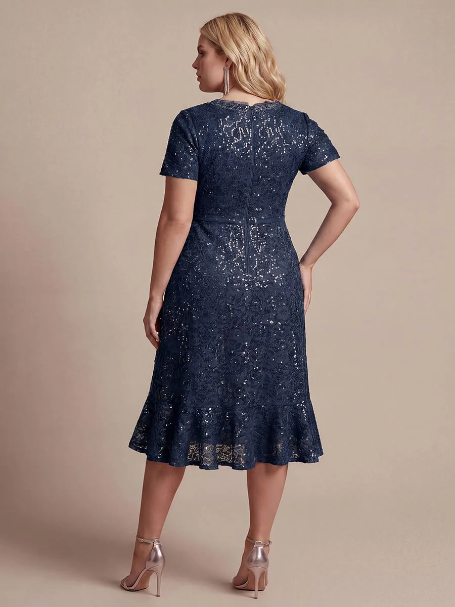 Elegant Ruched Sleeve Sequin Lace V-Neck High-Low Hem Formal Gown - Image 32