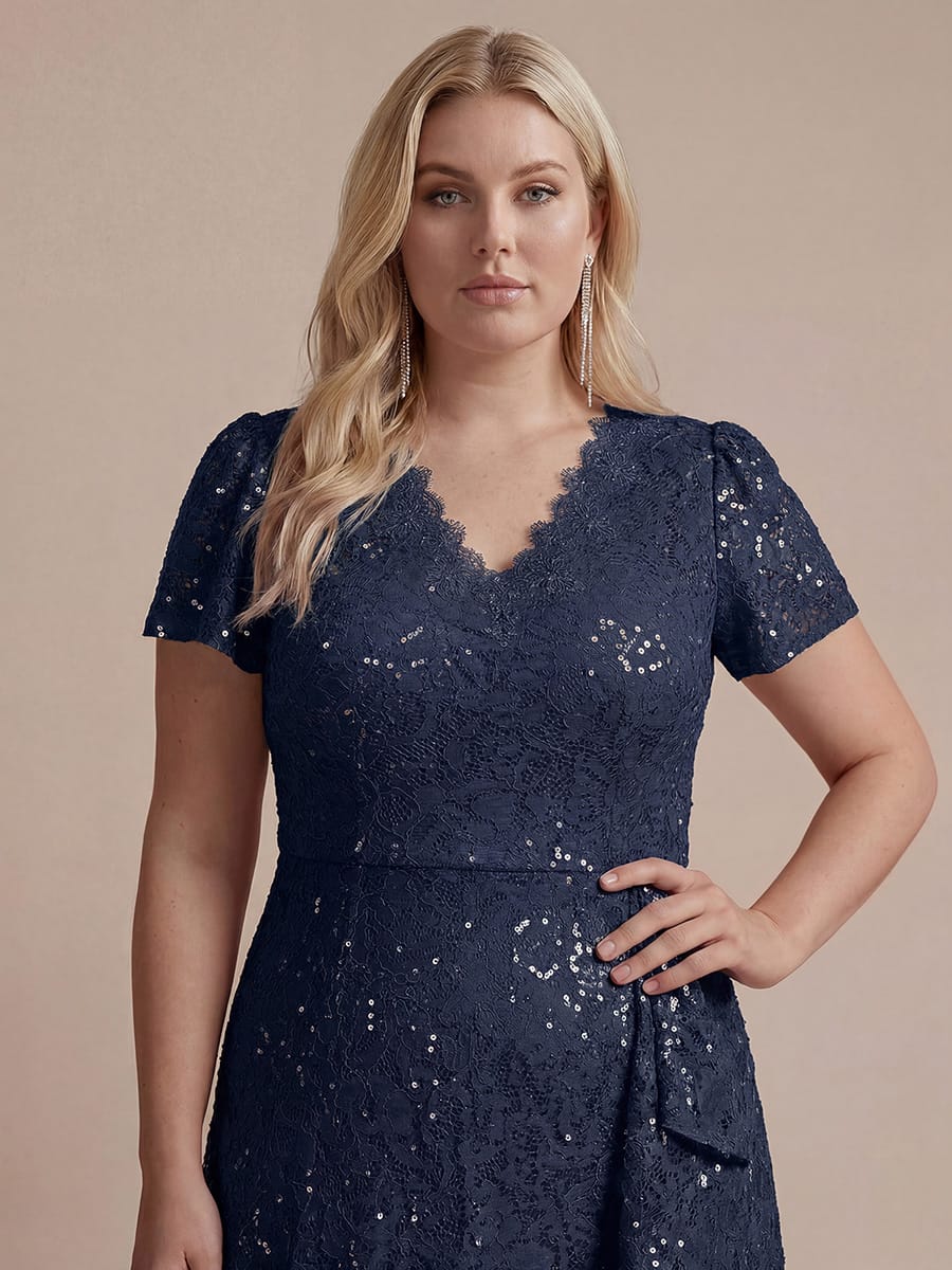 Elegant Ruched Sleeve Sequin Lace V-Neck High-Low Hem Formal Gown - Image 33