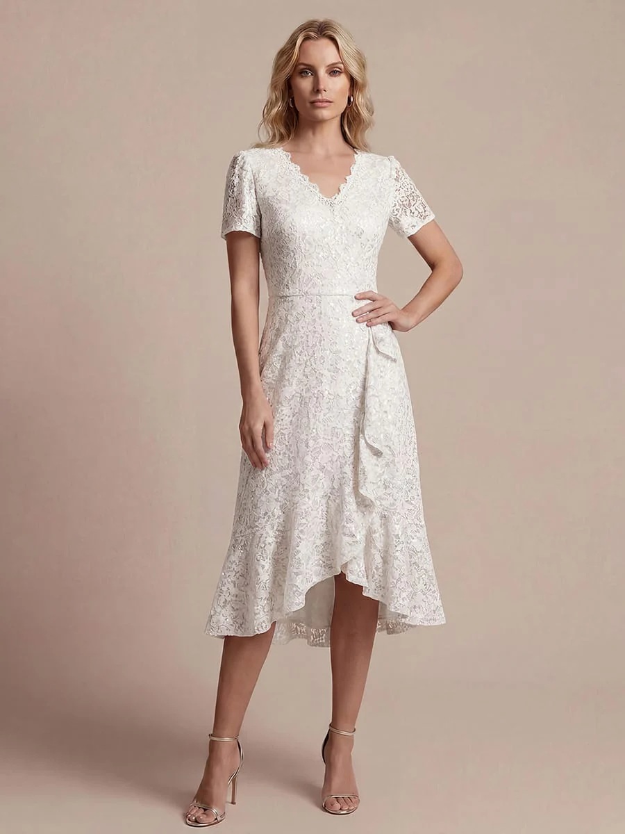 Elegant Ruched Sleeve Sequin Lace V-Neck High-Low Hem Formal Gown - Image 34