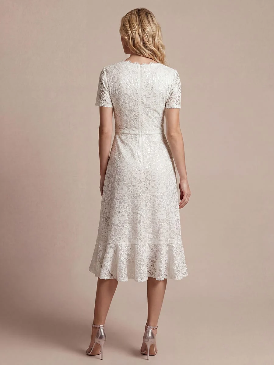 Elegant Ruched Sleeve Sequin Lace V-Neck High-Low Hem Formal Gown - Image 35