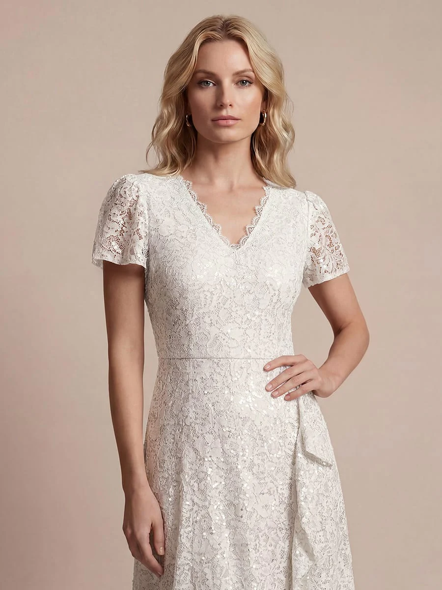 Elegant Ruched Sleeve Sequin Lace V-Neck High-Low Hem Formal Gown - Image 36