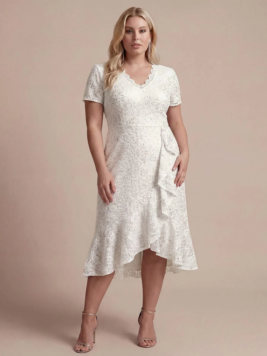 Elegant Ruched Sleeve Sequin Lace V-Neck High-Low Hem Formal Gown - Image 37
