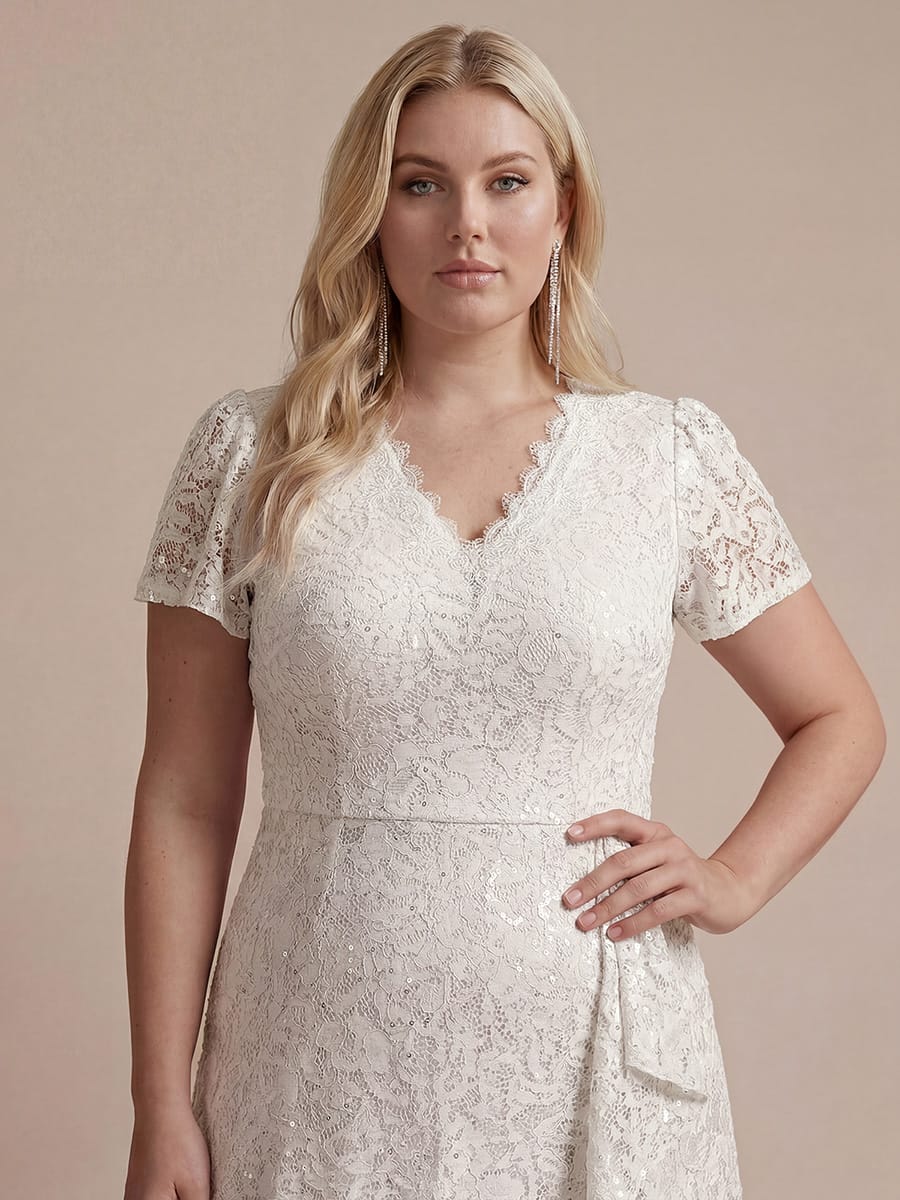 Elegant Ruched Sleeve Sequin Lace V-Neck High-Low Hem Formal Gown - Image 39