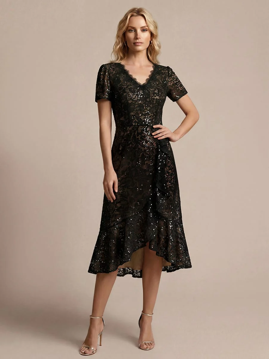 Elegant Ruched Sleeve Sequin Lace V-Neck High-Low Hem Formal Gown - Image 4
