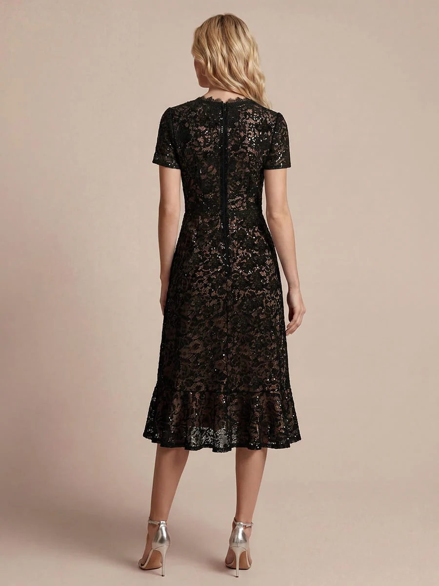 Elegant Ruched Sleeve Sequin Lace V-Neck High-Low Hem Formal Gown - Image 5