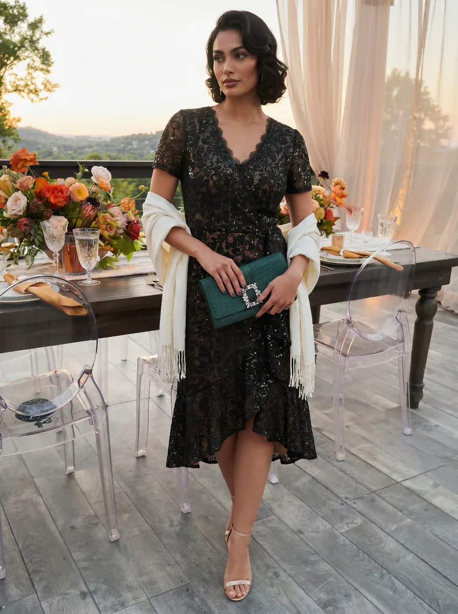Elegant Ruched Sleeve Sequin Lace V-Neck High-Low Hem Formal Gown - Image 7