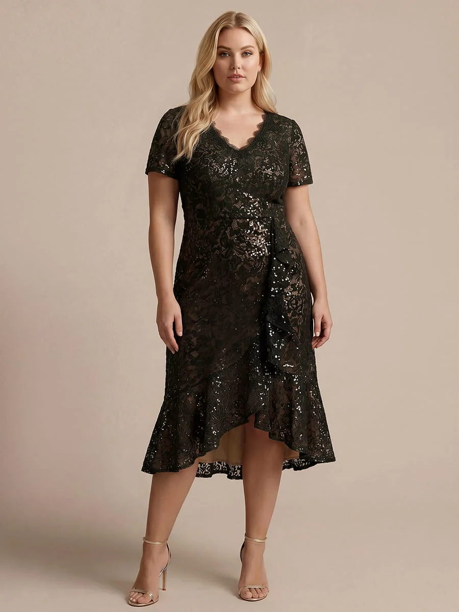 Elegant Ruched Sleeve Sequin Lace V-Neck High-Low Hem Formal Gown - Image 9