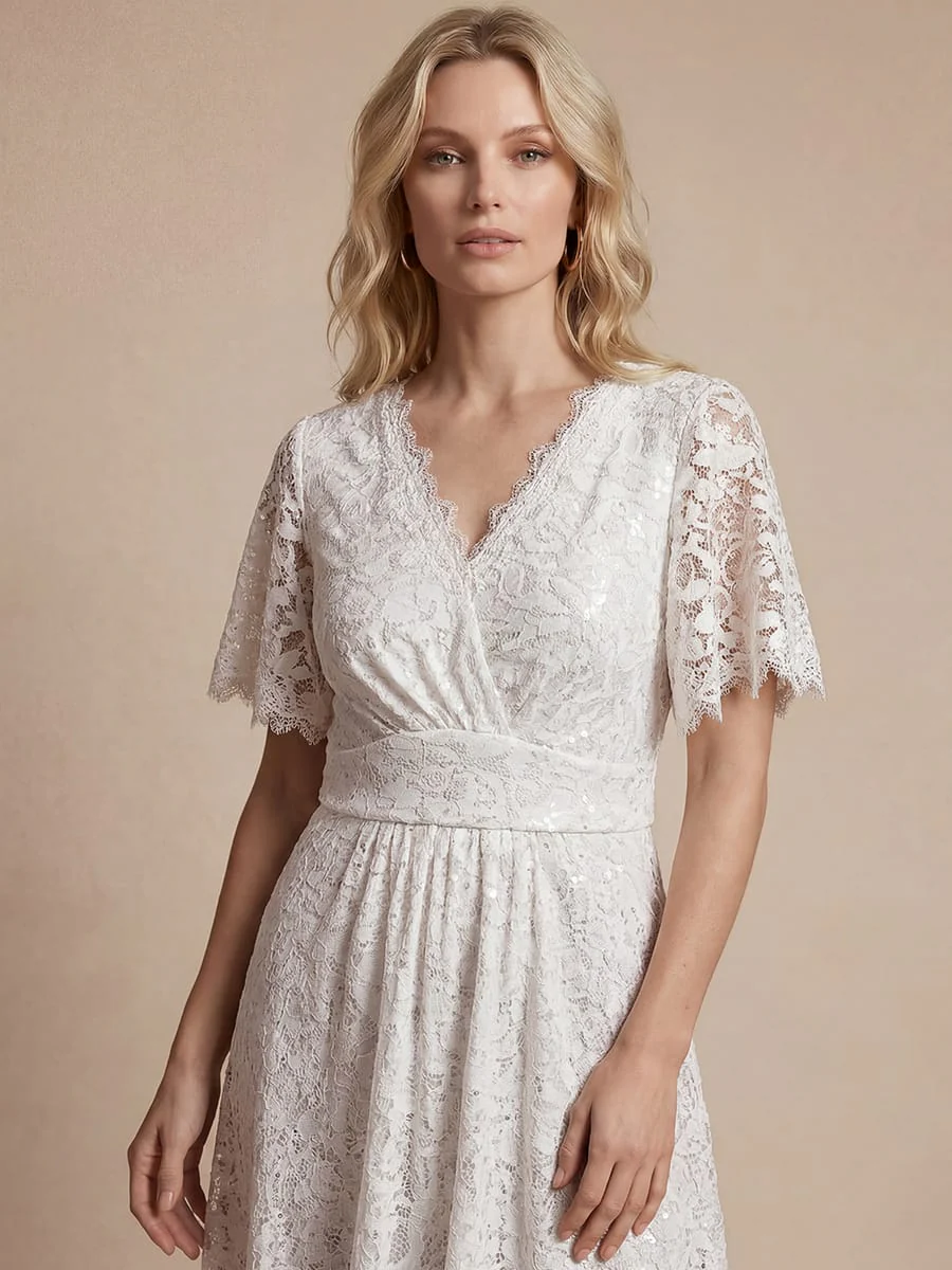 Elegant Flutter Sleeve Sequin Lace Maxi Dress V-Neck Empire Waist Evening Gown - Image 12