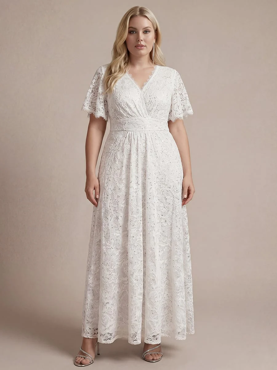 Elegant Flutter Sleeve Sequin Lace Maxi Dress V-Neck Empire Waist Evening Gown - Image 13