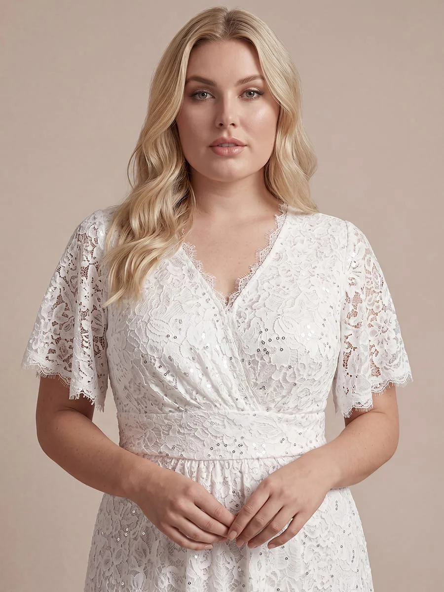Elegant Flutter Sleeve Sequin Lace Maxi Dress V-Neck Empire Waist Evening Gown - Image 15