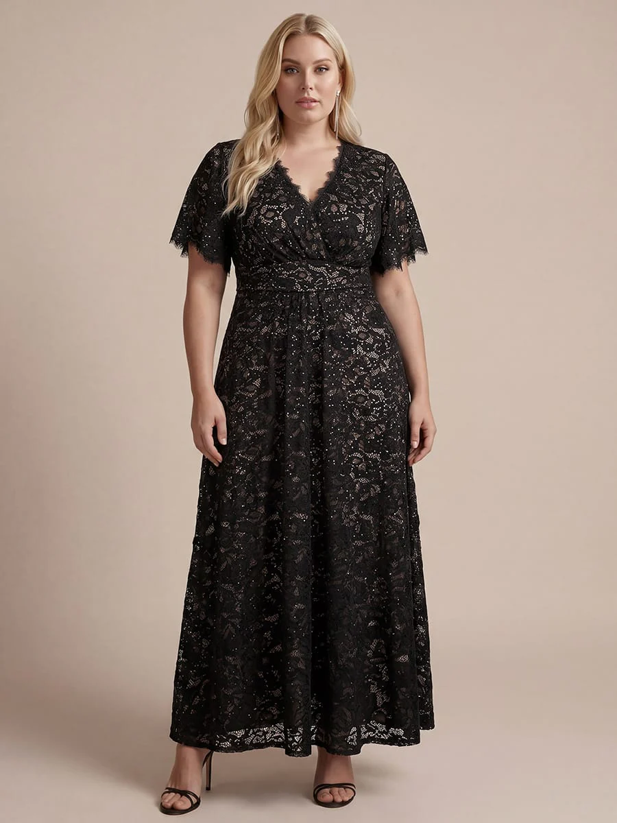 Elegant Flutter Sleeve Sequin Lace Maxi Dress V-Neck Empire Waist Evening Gown - Image 16