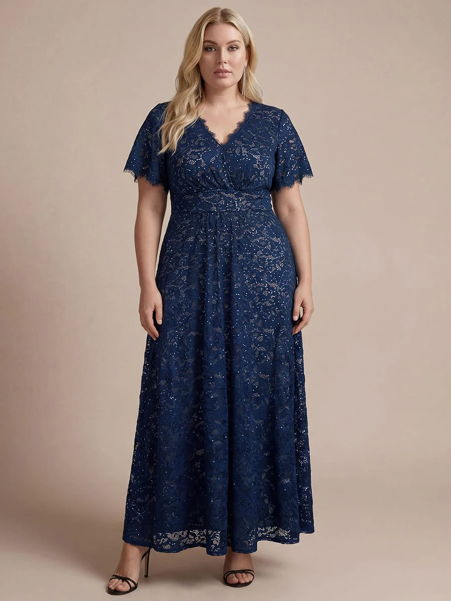 Elegant Flutter Sleeve Sequin Lace Maxi Dress V-Neck Empire Waist Evening Gown - Image 19