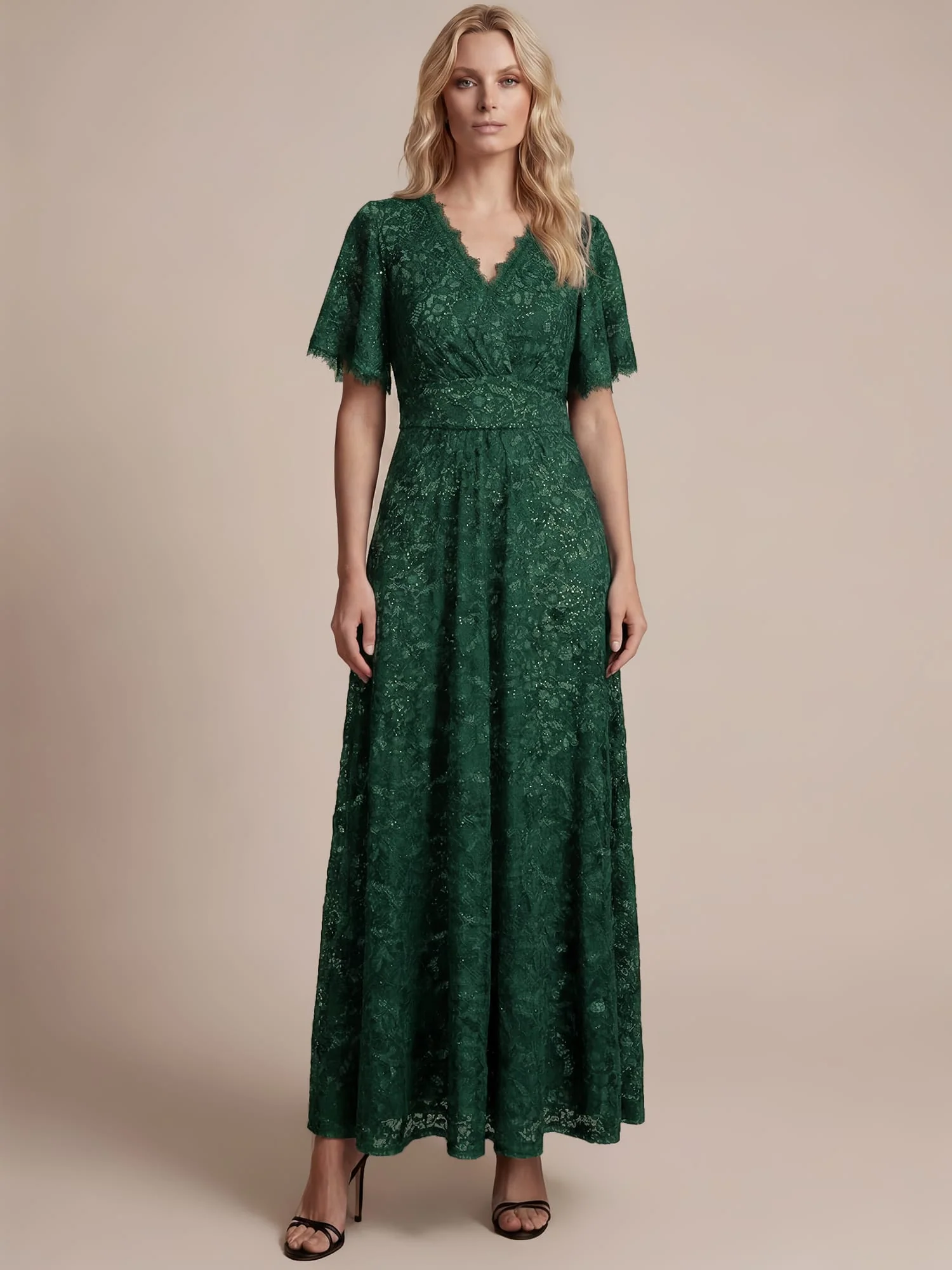 Elegant Flutter Sleeve Sequin Lace Maxi Dress V-Neck Empire Waist Evening Gown - Image 22