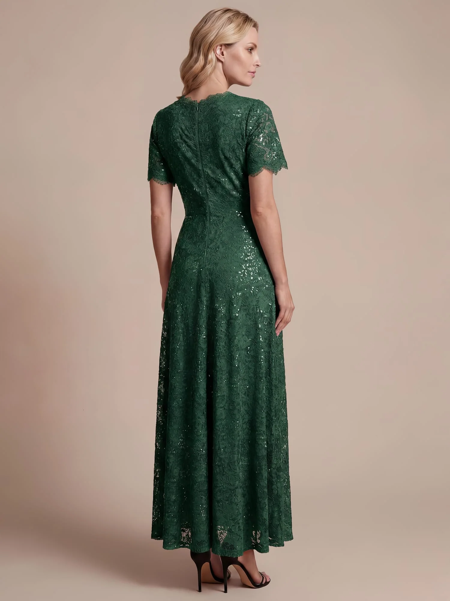 Elegant Flutter Sleeve Sequin Lace Maxi Dress V-Neck Empire Waist Evening Gown - Image 23
