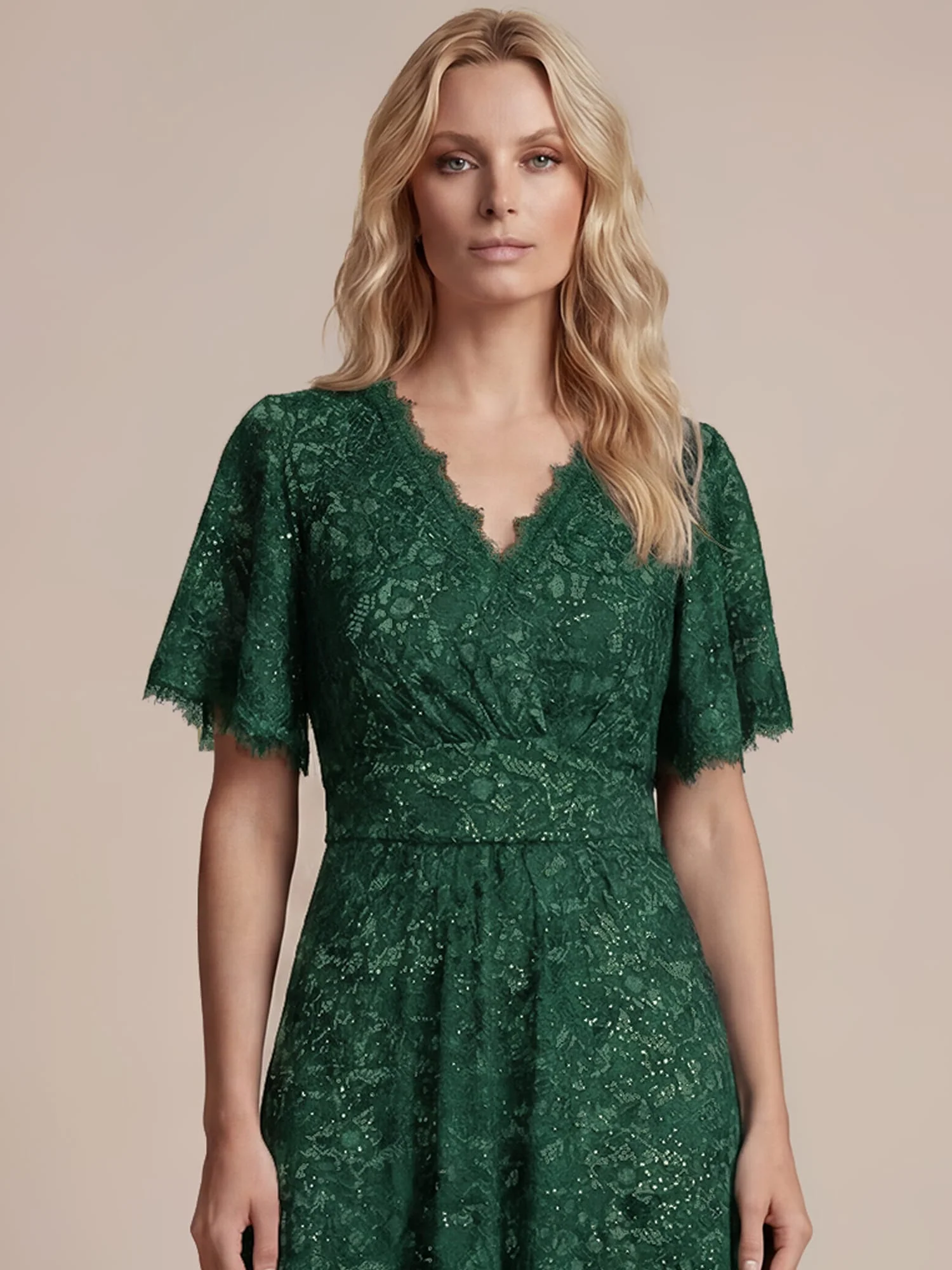 Elegant Flutter Sleeve Sequin Lace Maxi Dress V-Neck Empire Waist Evening Gown - Image 24