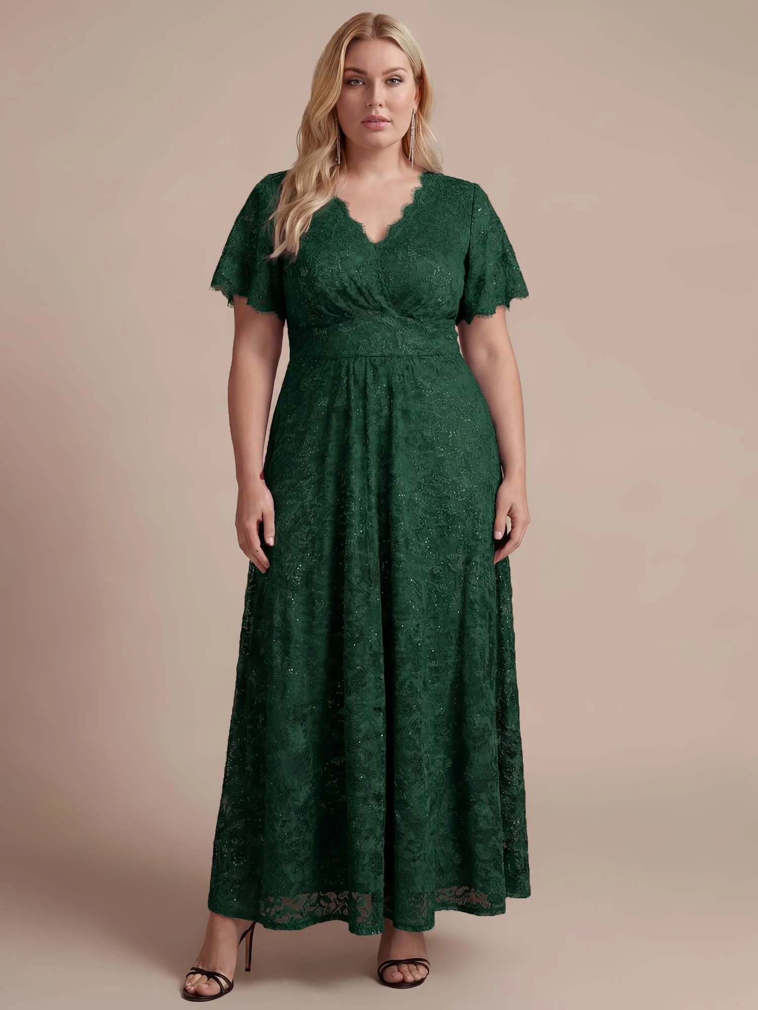 Elegant Flutter Sleeve Sequin Lace Maxi Dress V-Neck Empire Waist Evening Gown - Image 25