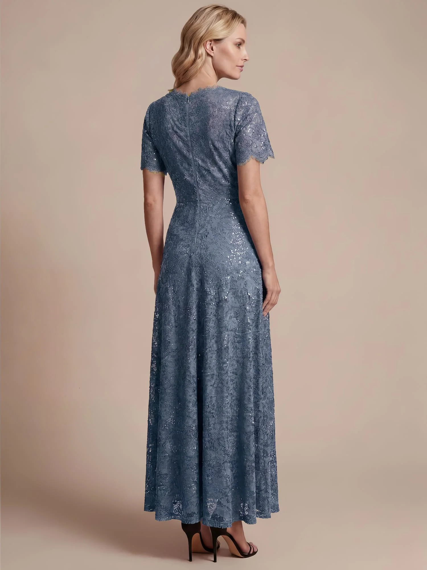Elegant Flutter Sleeve Sequin Lace Maxi Dress V-Neck Empire Waist Evening Gown - Image 29