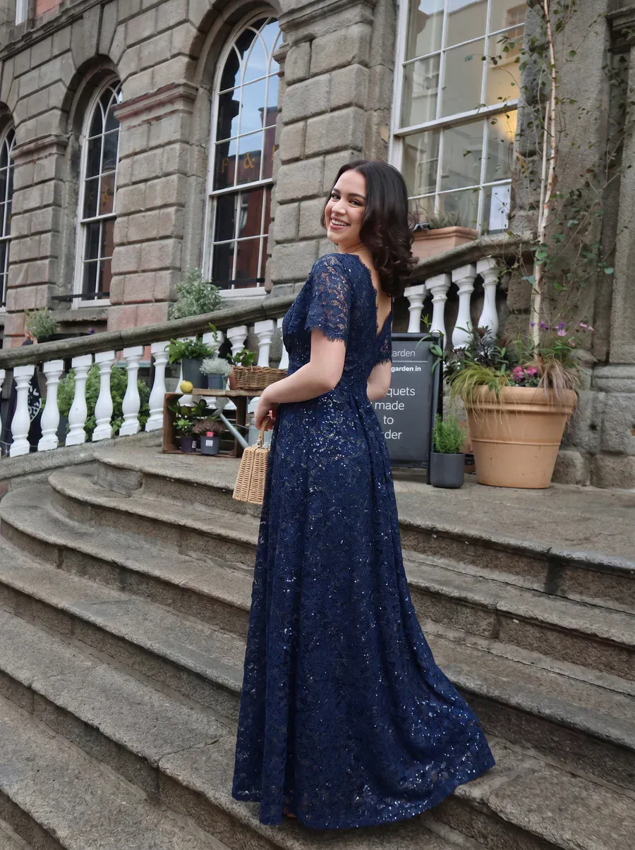 Elegant Flutter Sleeve Sequin Lace Maxi Dress V-Neck Empire Waist Evening Gown - Image 3