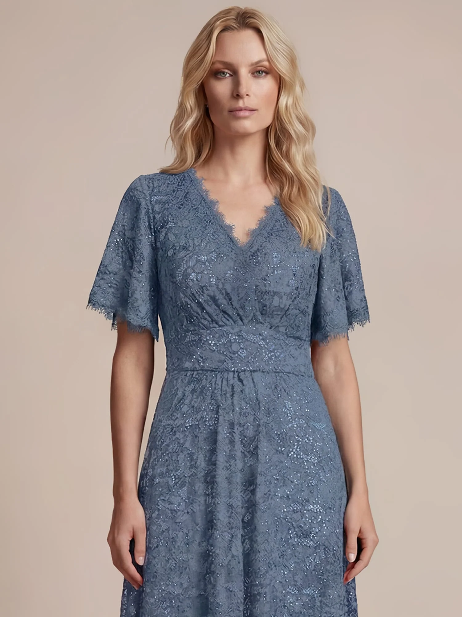Elegant Flutter Sleeve Sequin Lace Maxi Dress V-Neck Empire Waist Evening Gown - Image 30