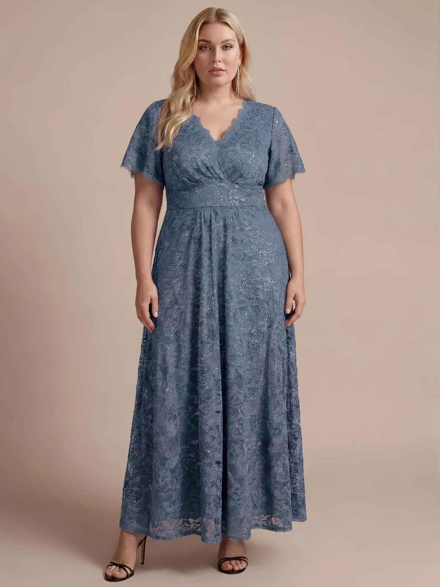 Elegant Flutter Sleeve Sequin Lace Maxi Dress V-Neck Empire Waist Evening Gown - Image 31