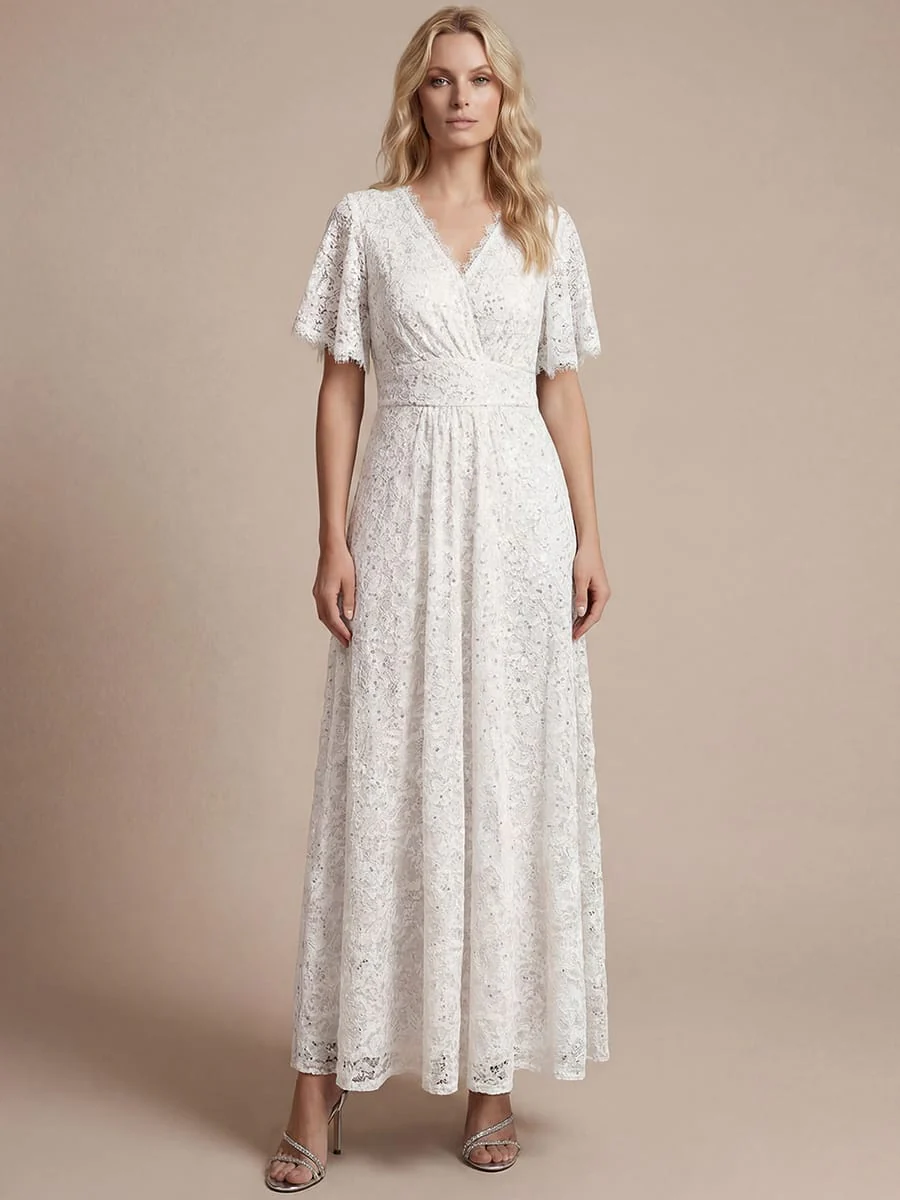 Elegant Flutter Sleeve Sequin Lace Maxi Dress V-Neck Empire Waist Evening Gown - Image 4