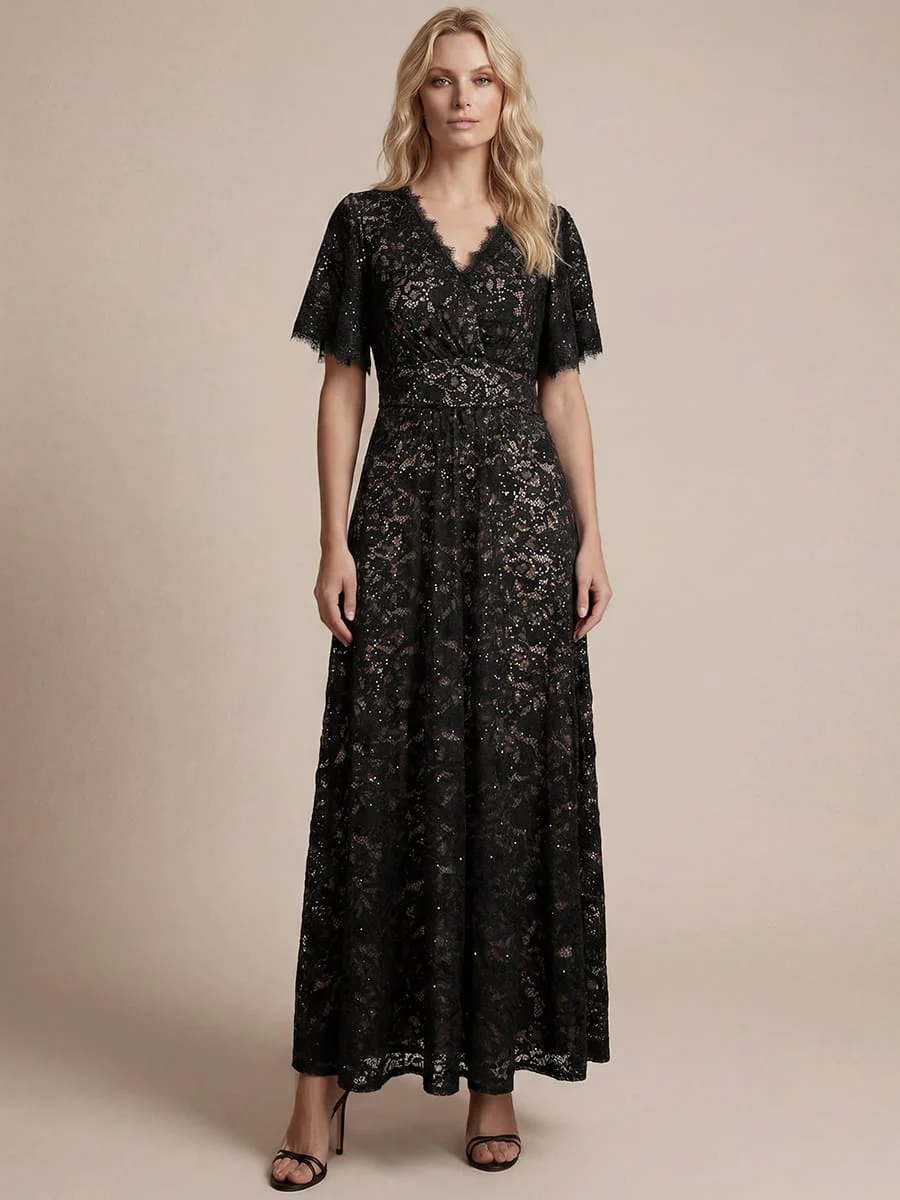 Elegant Flutter Sleeve Sequin Lace Maxi Dress V-Neck Empire Waist Evening Gown - Image 6