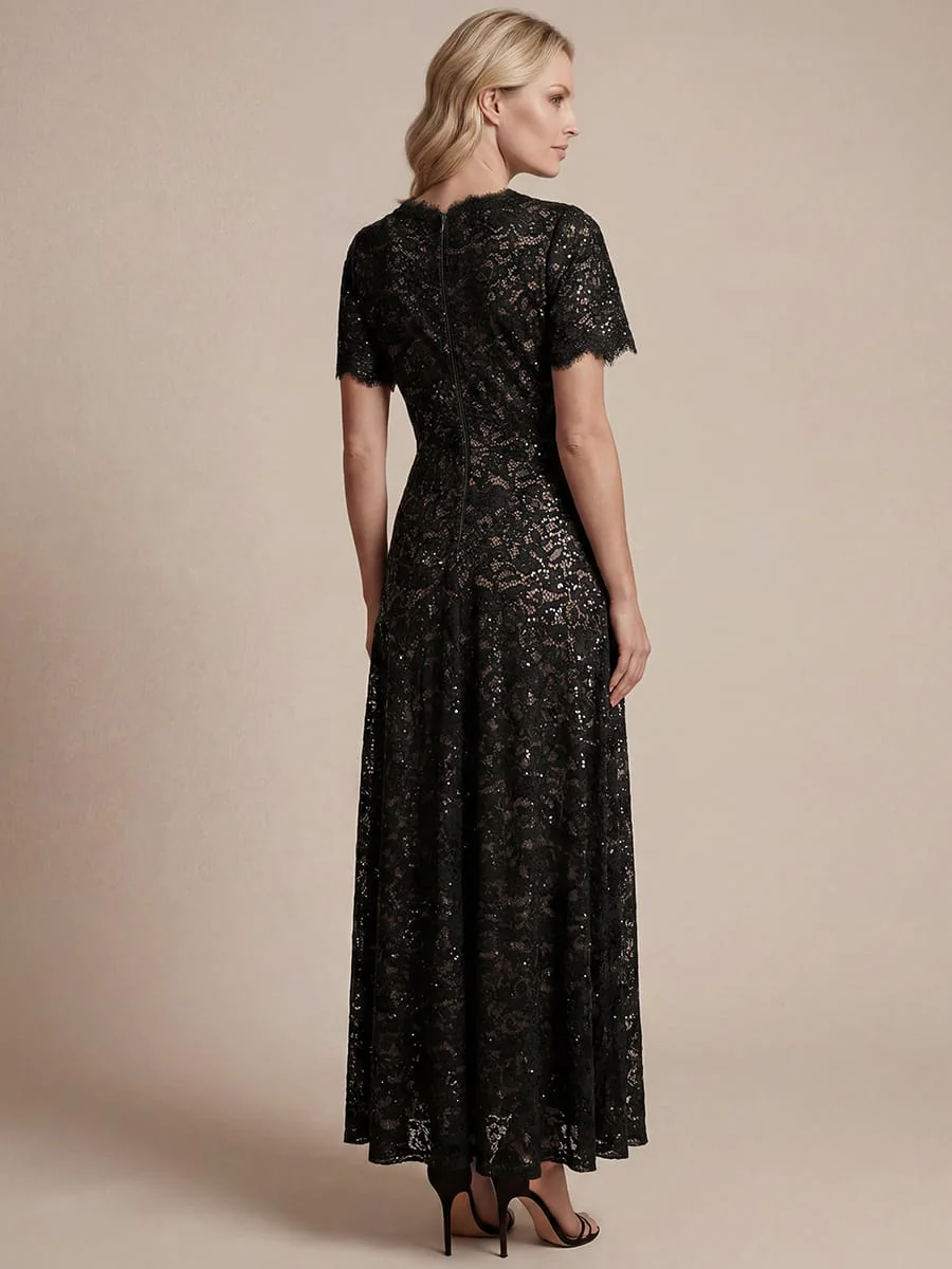 Elegant Flutter Sleeve Sequin Lace Maxi Dress V-Neck Empire Waist Evening Gown - Image 7