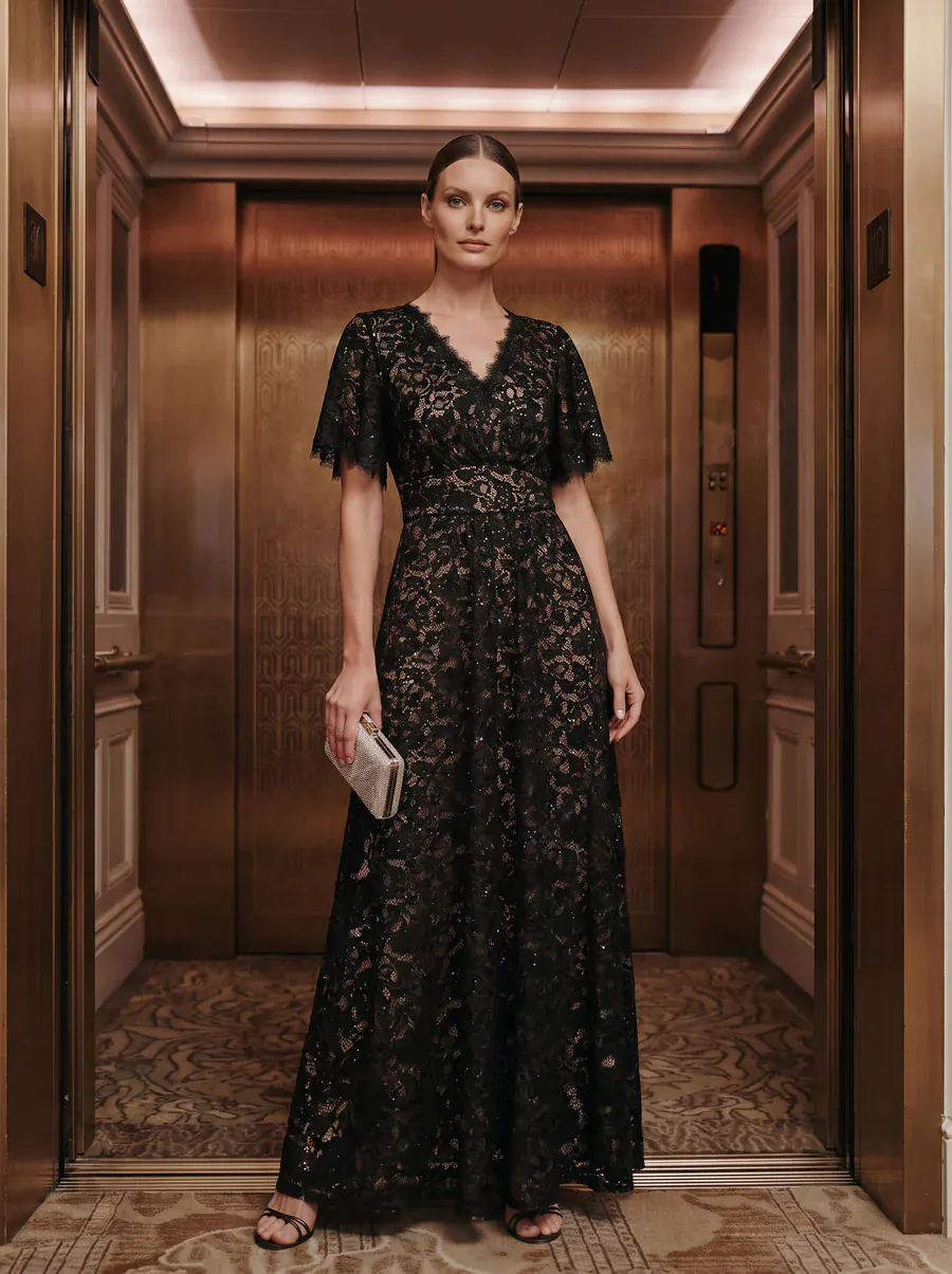 Elegant Flutter Sleeve Sequin Lace Maxi Dress V-Neck Empire Waist Evening Gown - Image 8