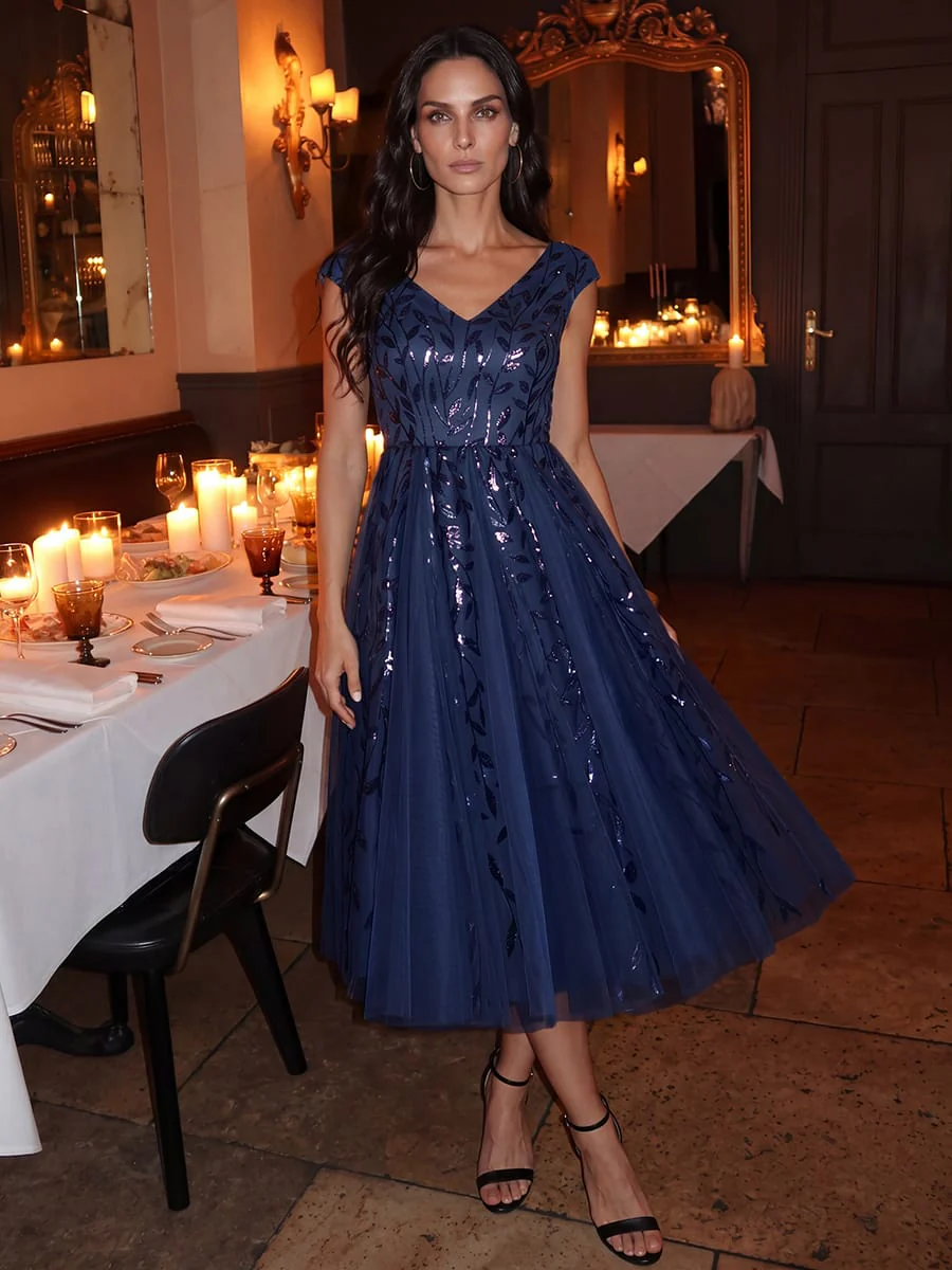 Sequin Cap Sleeve A-Line Dress - Image 43