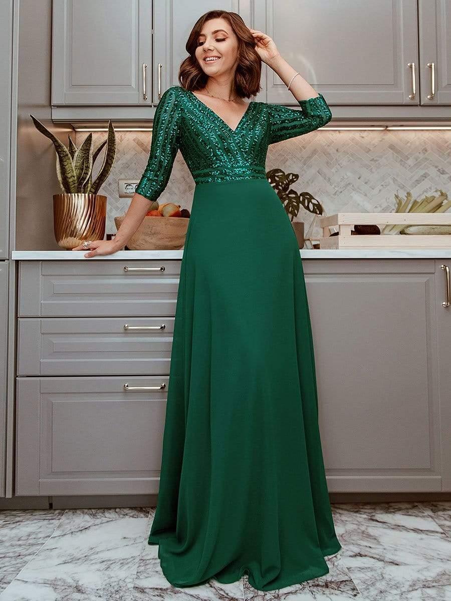 ever LUENA|Sexy V Neck A-Line Sequin Evening Dresses with 3/4 Sleeve - Image 11