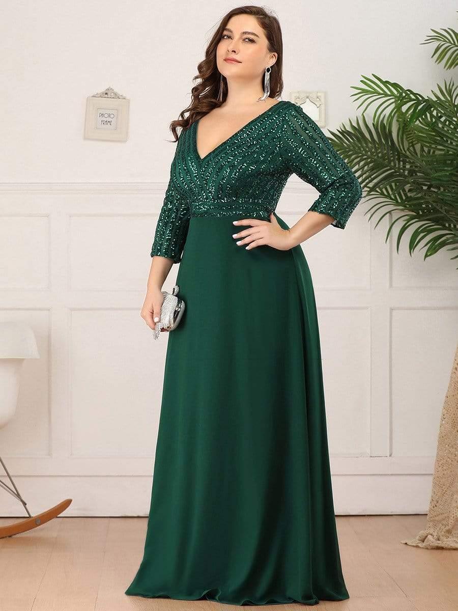 ever LUENA|Sexy V Neck A-Line Sequin Evening Dresses with 3/4 Sleeve - Image 17