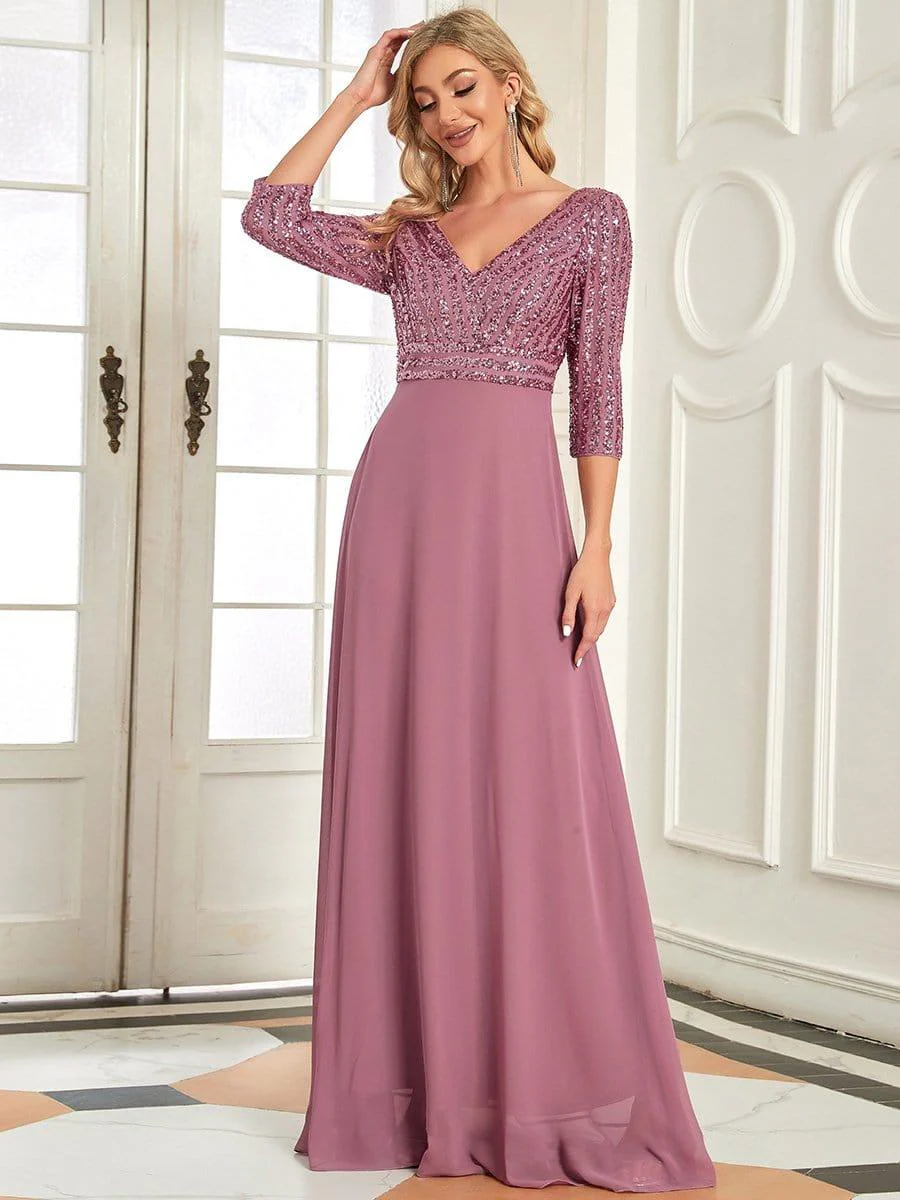 ever LUENA|Sexy V Neck A-Line Sequin Evening Dresses with 3/4 Sleeve - Image 18