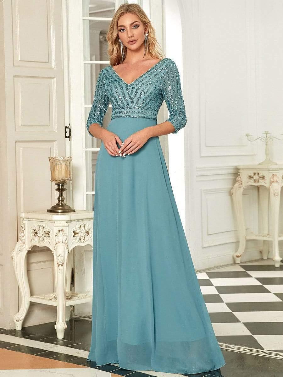 ever LUENA|Sexy V Neck A-Line Sequin Evening Dresses with 3/4 Sleeve - Image 25