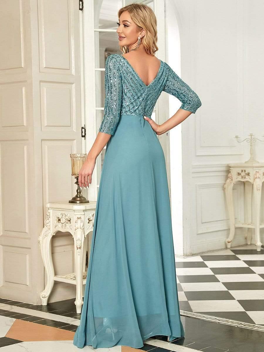 ever LUENA|Sexy V Neck A-Line Sequin Evening Dresses with 3/4 Sleeve - Image 26