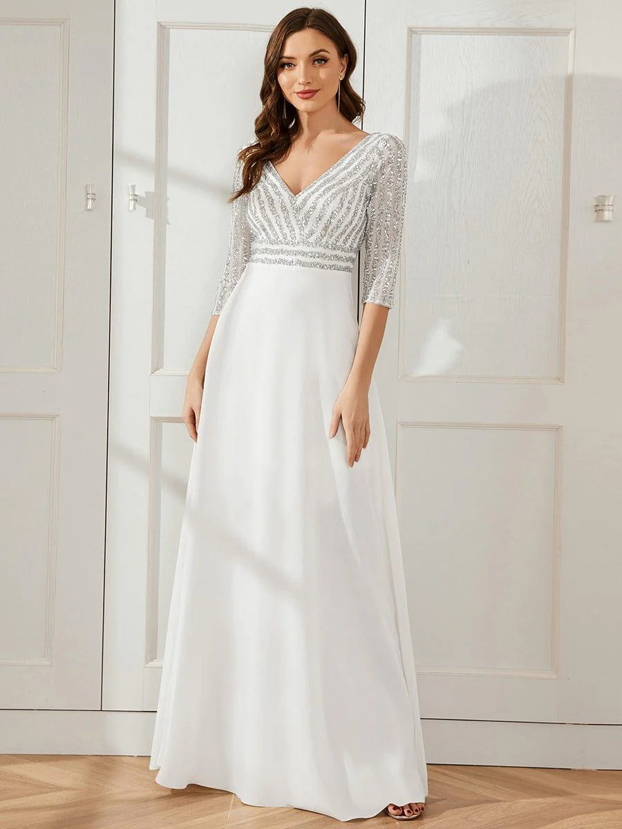 ever LUENA|Sexy V Neck A-Line Sequin Evening Dresses with 3/4 Sleeve - Image 39