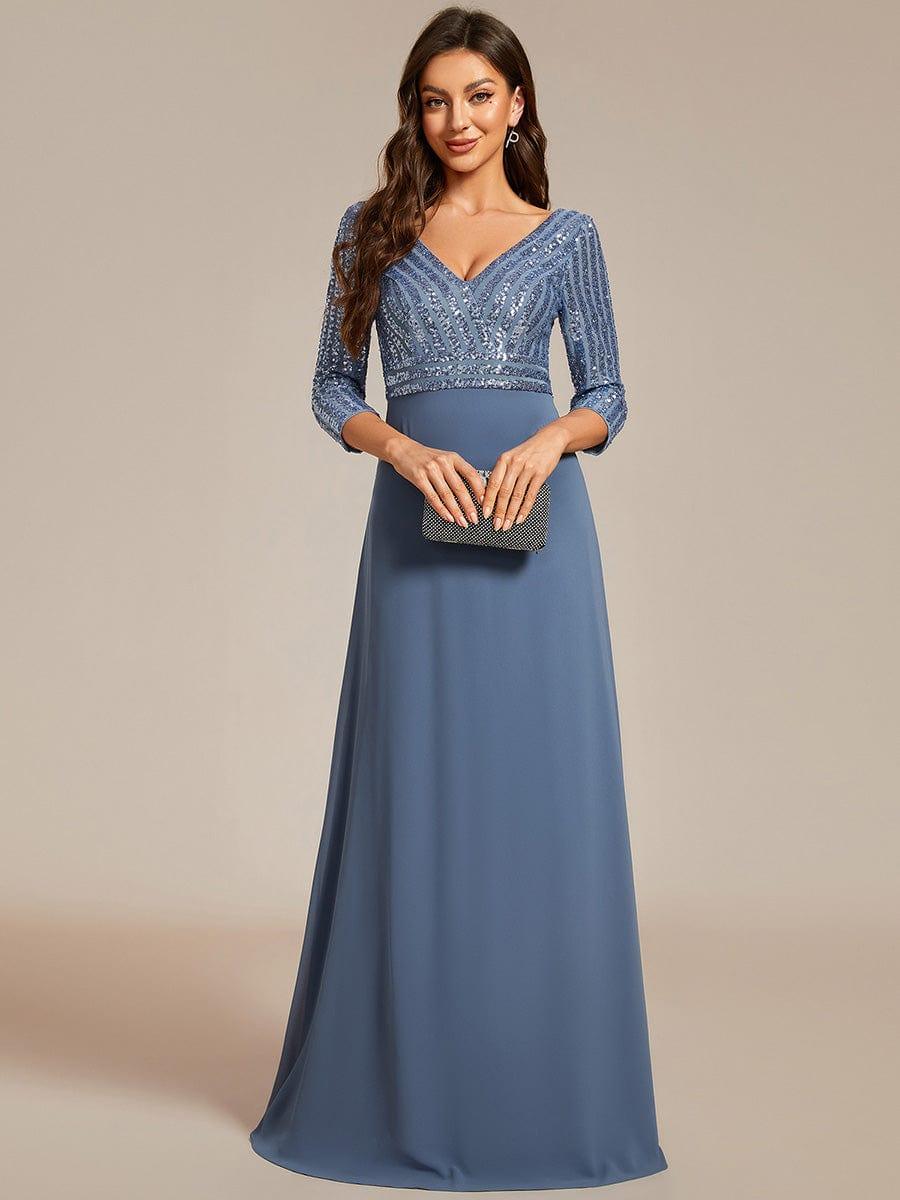 ever LUENA|Sexy V Neck A-Line Sequin Evening Dresses with 3/4 Sleeve - Image 54