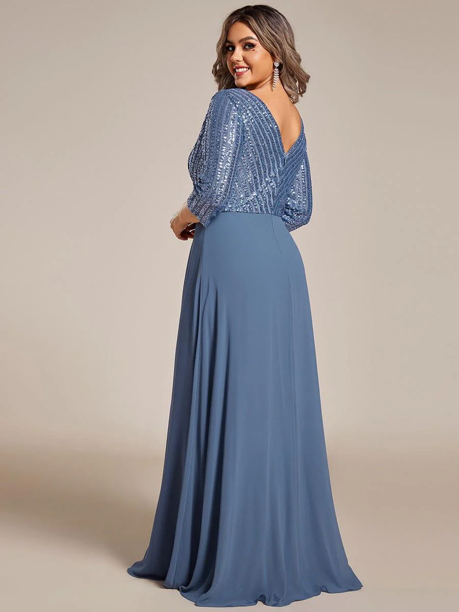 ever LUENA|Sexy V Neck A-Line Sequin Evening Dresses with 3/4 Sleeve - Image 56
