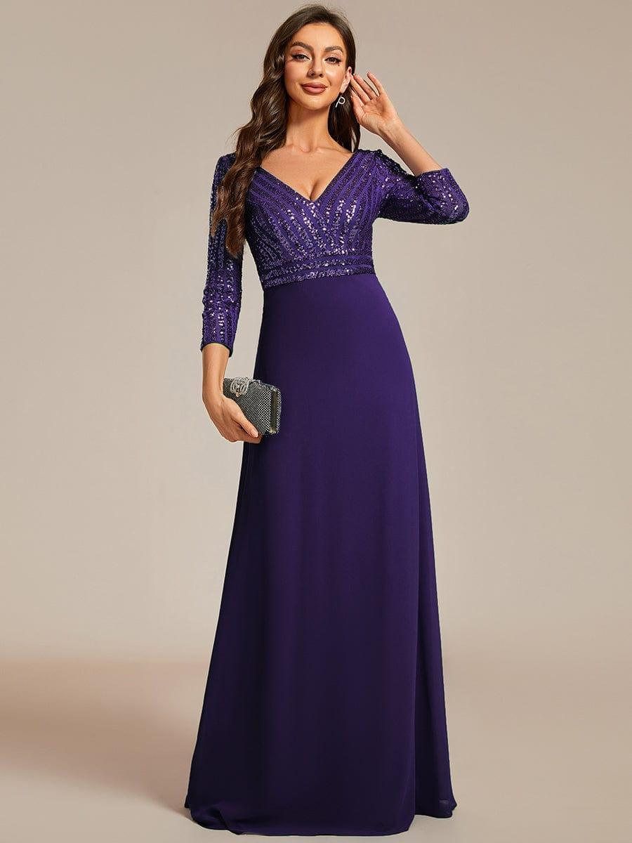 ever LUENA|Sexy V Neck A-Line Sequin Evening Dresses with 3/4 Sleeve - Image 58