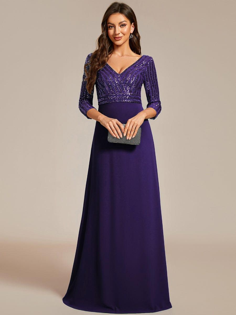 ever LUENA|Sexy V Neck A-Line Sequin Evening Dresses with 3/4 Sleeve - Image 62