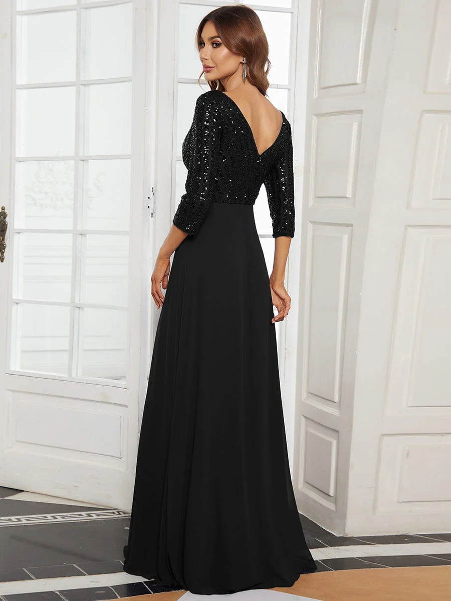 ever IRIS|Sexy V Neck Sequin Evening Dresses with 3/4 Sleeve - Image 2