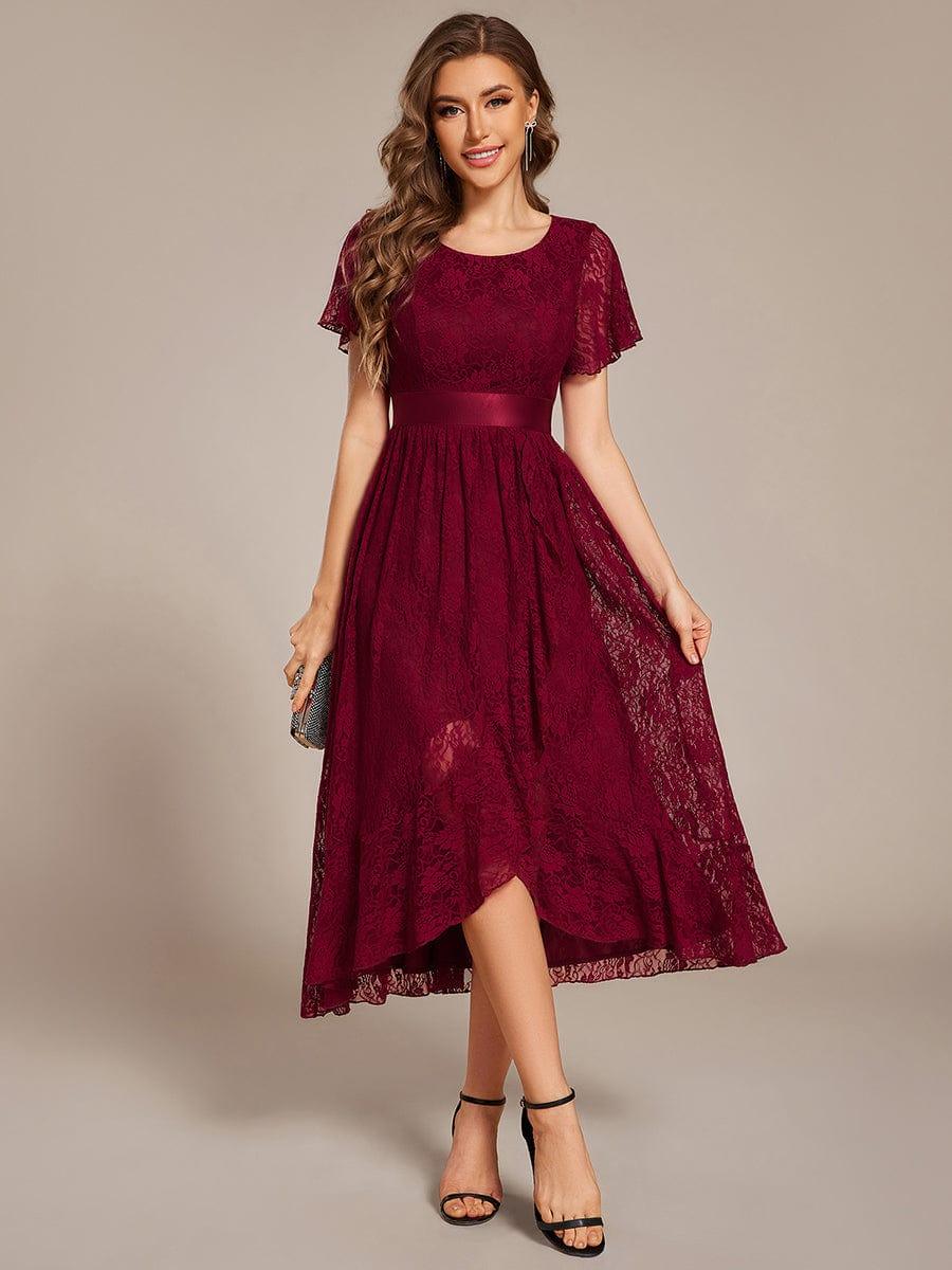 ever SEVYN|Short Sleeve Ruffled Lace Midi Evening Dress