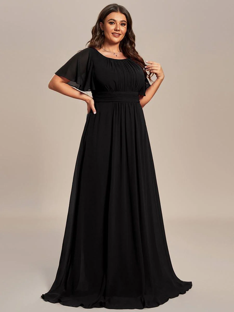 Simple Chiffon Pleated A-Line Round Neckline Dress in Black - Image 8