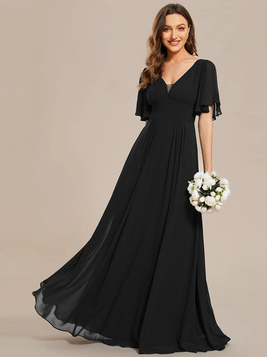 Simple Chiffon Short Sleeves Empire Waist A-Line Maxi Dress in Black