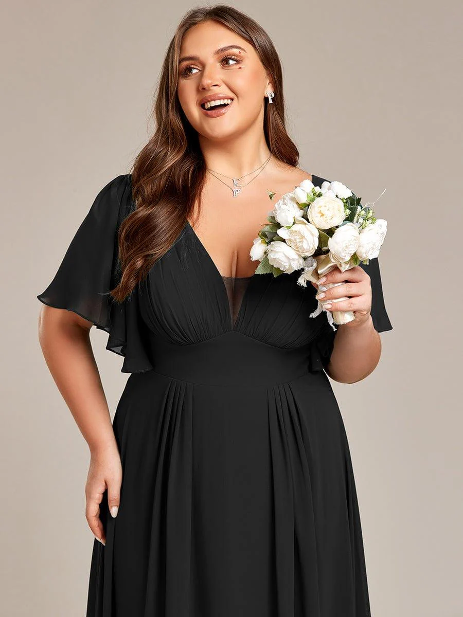Simple Chiffon Short Sleeves Empire Waist A-Line Maxi Dress in Black - Image 8